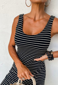Julie Sleeveless Mini Dress- Black Stripe