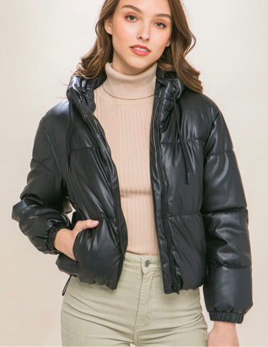 Faux Leather Puffer Jacket- Black