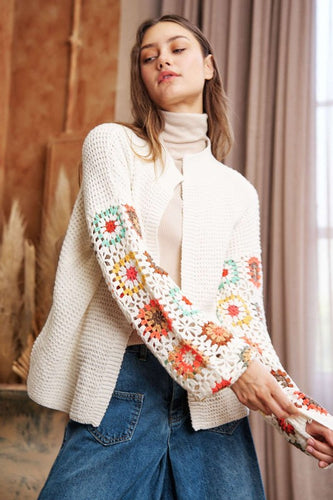 Carmela Crochet Floral Knit Cardigan - Cream
