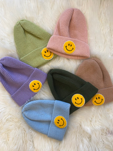 Smiley Face Fuzzy Patch Beanie - Assorted