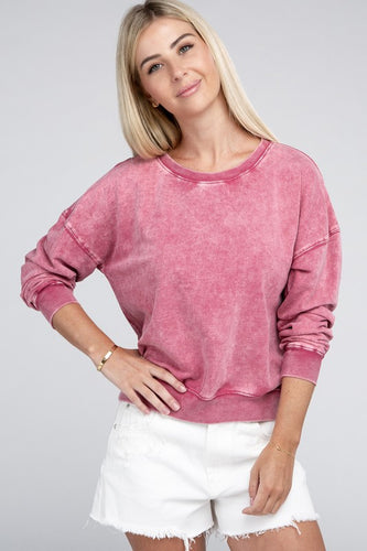 Mia French Terry Acid Wash Boat Neck Pullover - Ash Pink
