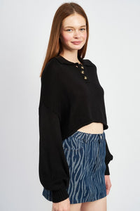 Cammi Button Up Crop Sweater- Black