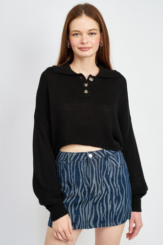 Cammi Button Up Crop Sweater- Black