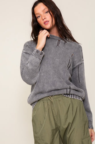 Mona Mineral Wash Distressed Sweater -Charcoal
