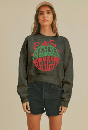 Merry & Bright Christmas Cropped Sweatshirt- Black