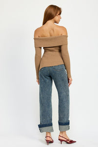 Samantha Asymmetrical Off The Shoulder Top- Mocha