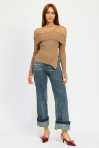 Samantha Asymmetrical Off The Shoulder Top- Mocha