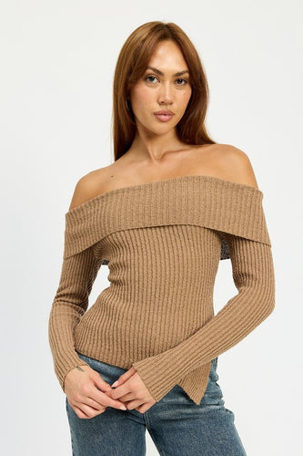 Samantha Asymmetrical Off The Shoulder Top- Mocha