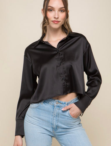 Sami Cropped Satin Button Down Blouse