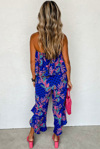 Ivy Tropical Print Strapless Jumpsuit- Blue