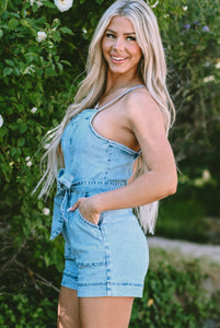 Beau Spaghetti Strap Denim Romper- Blue