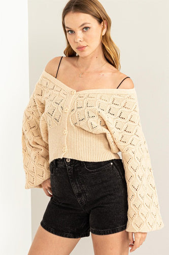 Days Together Pointelle Sweater Cardigan - Light Taupe