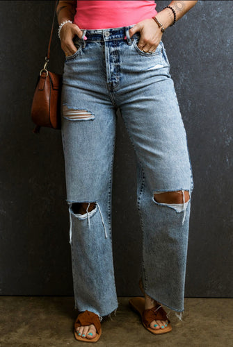 Naomi Distressed Raw Hem Straight Jeans- Medium Wash