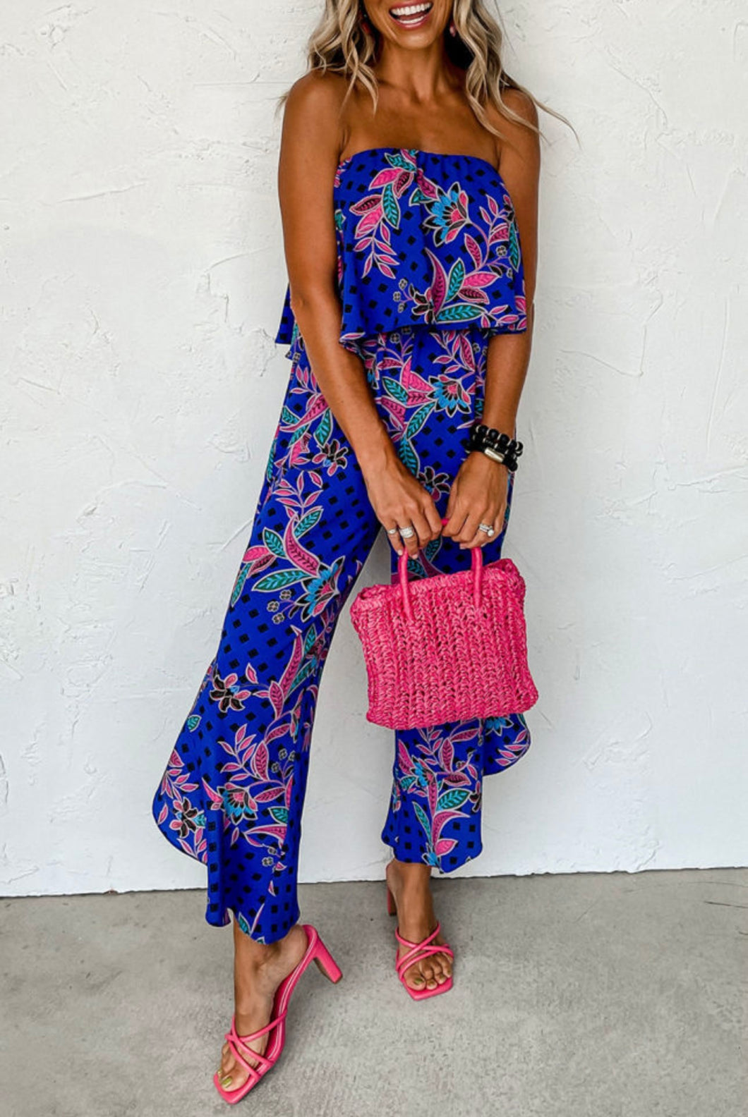 Ivy Tropical Print Strapless Jumpsuit- Blue