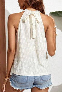 Frenchy Lace Textured Halter Tank- Ivory