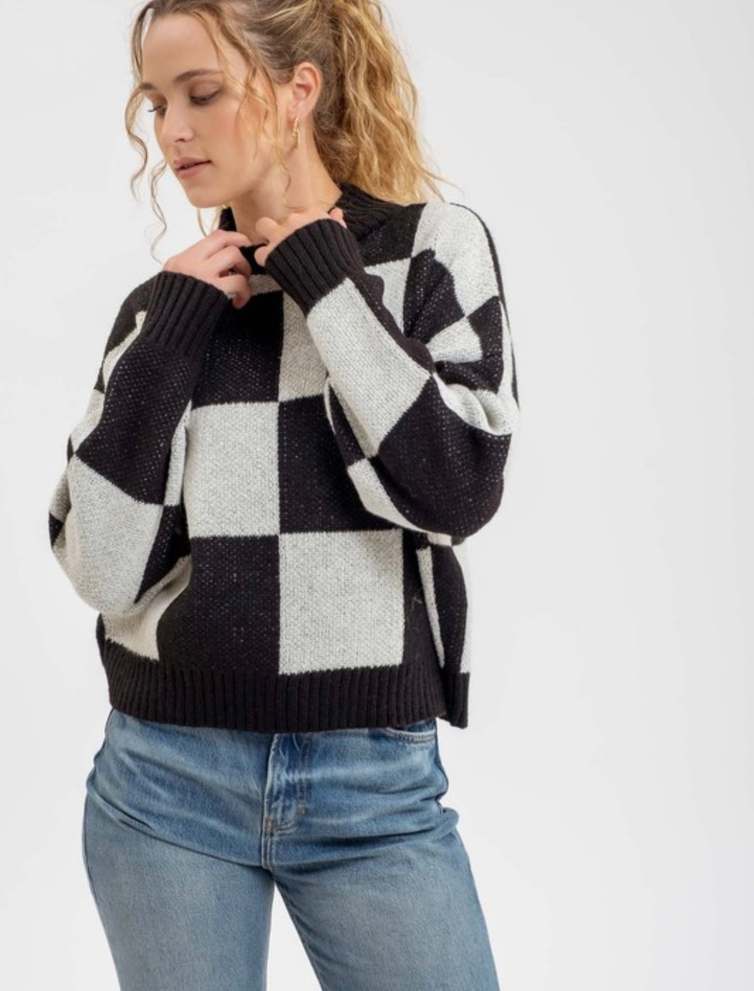 Calliope Checkered Mock Neck Knit Sweater