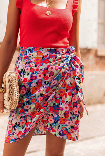 Constance Floral Wrap Mini Skirt- Red