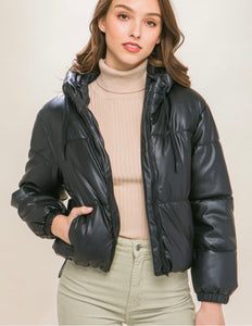 Women's Black Puffer Windbreaker Faux Leather Crop Jacket