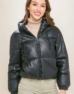 Faux Leather Puffer Jacket- Black