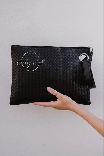 Ashleigh Weave Faux Leather Clutch- Black