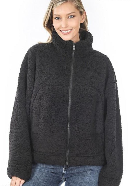 So Soft Sherpa Zipper Front Jacket - Black