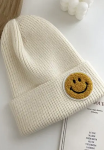 Smiley Face Fuzzy Patch Beanie - Ivory