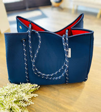 Load image into Gallery viewer, Ahdorned Neoprene Tote - Navy/Red