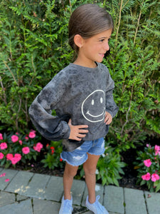 Smiley Garment Washed Long Sleeve Top - Black