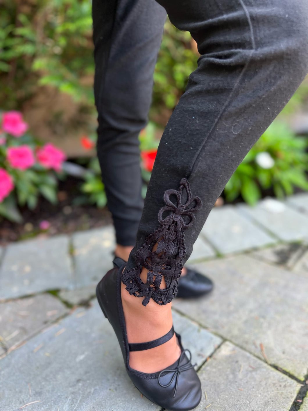 Lace Trim Brushed Leggings - Black