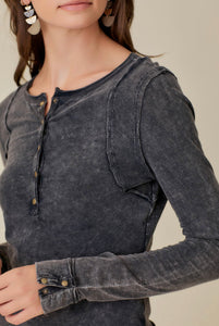 Tara Long Sleeve Henley Top- Washed Black