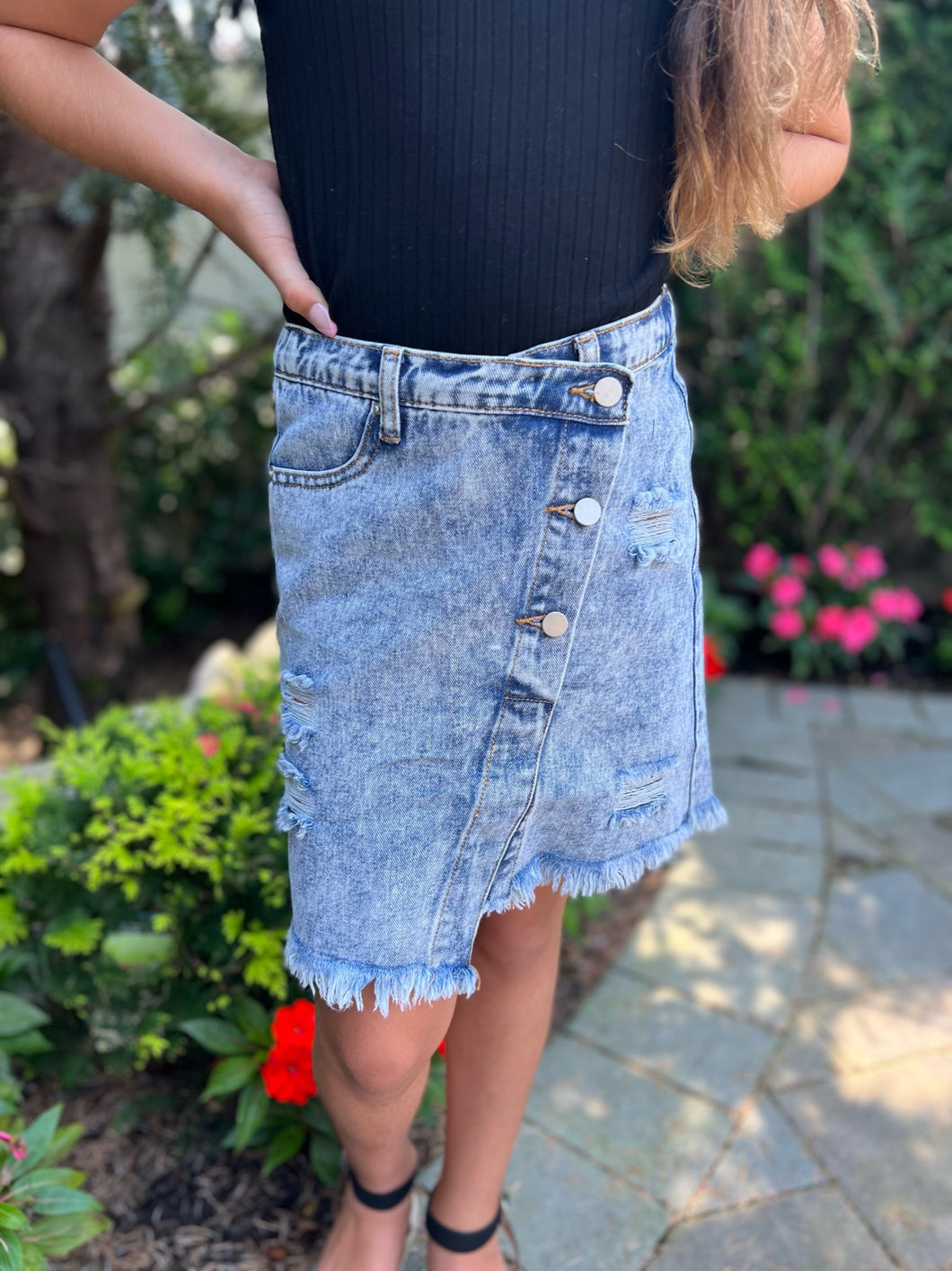 Brittany Distressed Asymmetric Wrap Skirt - Medium Wash