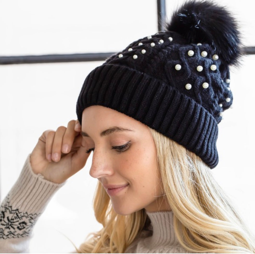 Fur Lined Beanie with Pearls -Black