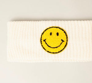 Winter Smile Patch Ribbed Knit Headband - Ivory