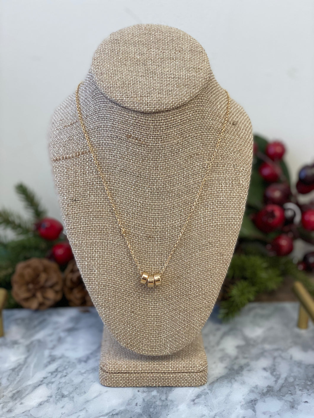 Gold Necklace with 3 round Bead Pendants